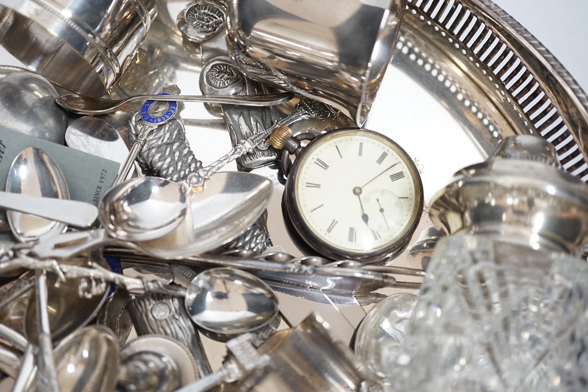 Assorted silver plated and pewter items including a gallery tray, etc. together with a silver pocket watch and silver mounted glass sugar sifter.